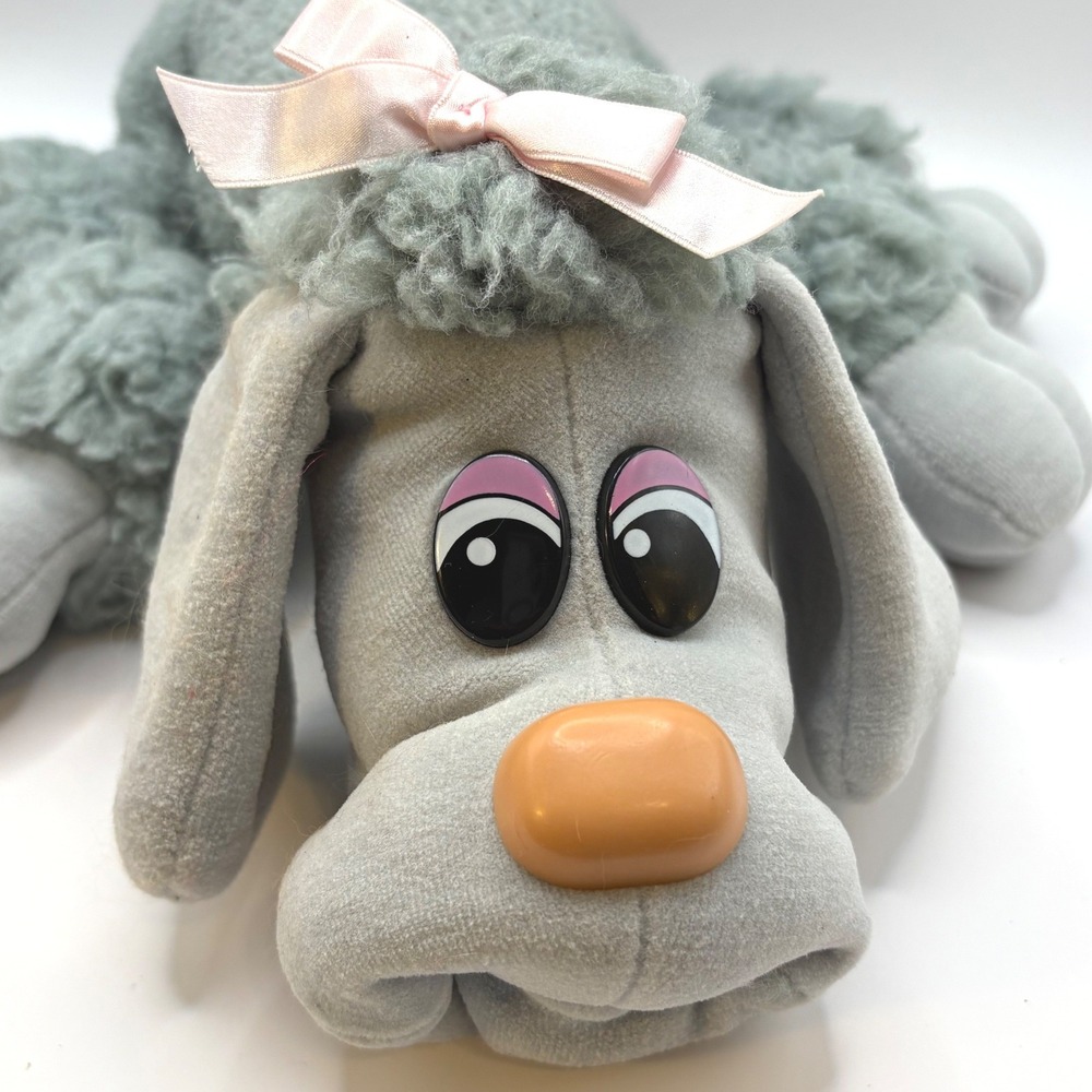 Vintage 80s Tonka Pound Puppies Furries Gray Poodle Plush 18 Inch Pink Bow Toy